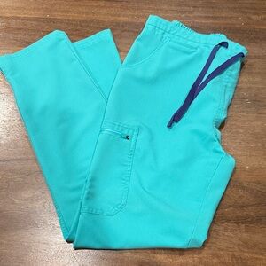 Figs Aqua Straight Leg Pants with Navy Drawstring